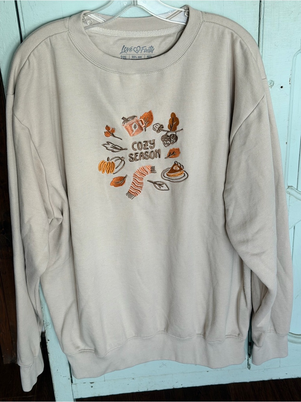 Live & Faith Cozy Season Fall Embroidered Crewneck Cream